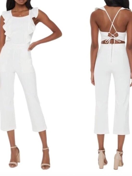 Vici Pants - VICI Jumpsuit White Ruffle Open Back